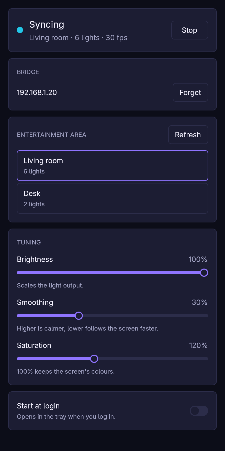 The lightmime window while syncing to an area with six lights