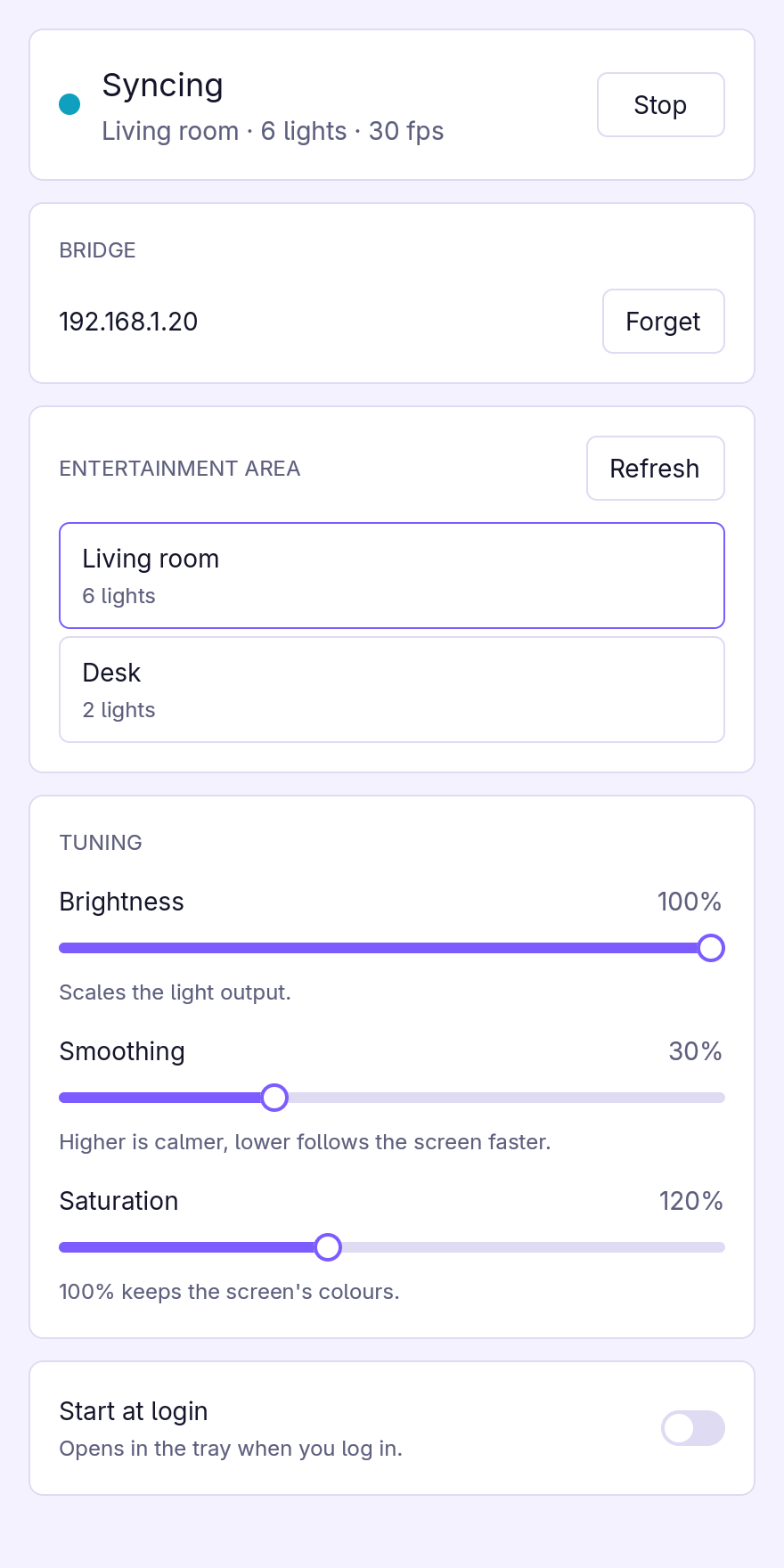 The lightmime window while syncing to an area with six lights